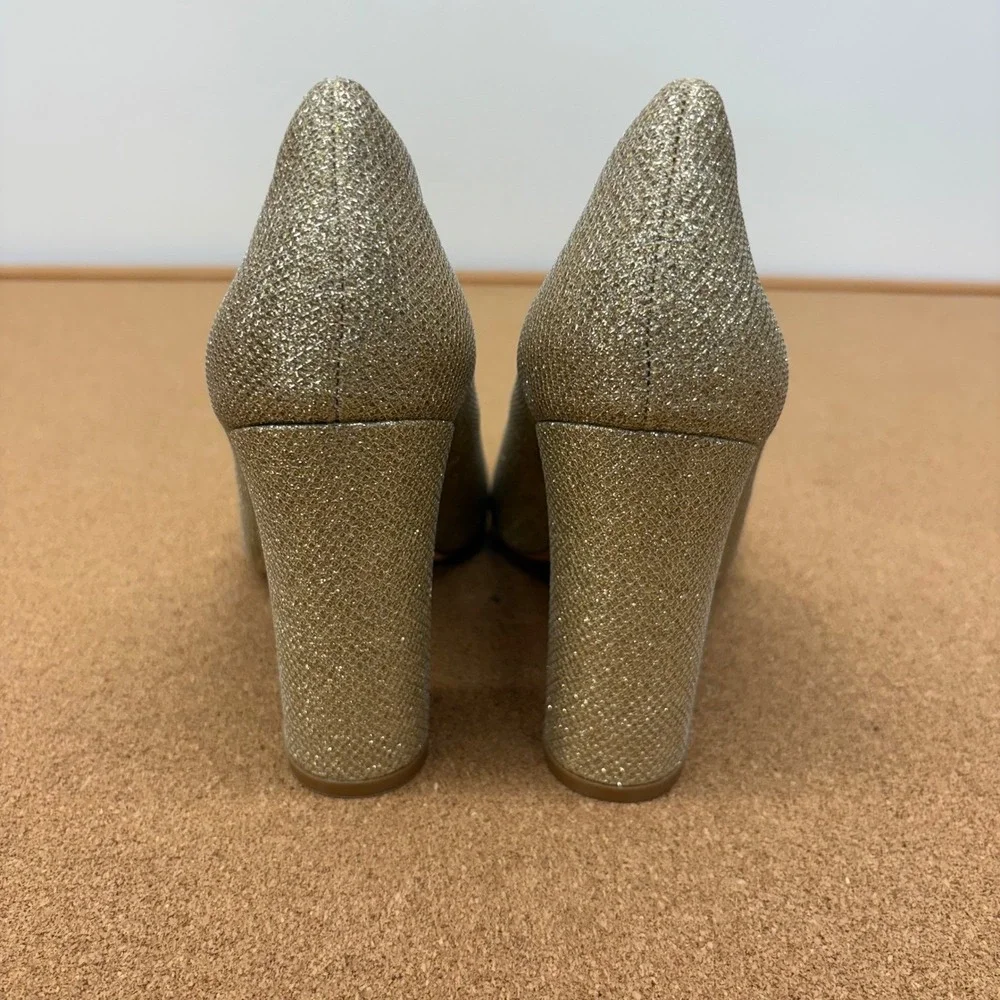IDIFU IN4 Women 7.5 Gold Glitter Block Heel Pumps Pointed Toe Dress Shoes Womens